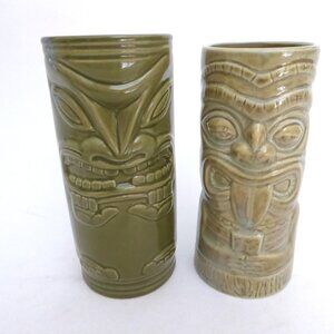 NEW VINTAGE MAORI SHAKA TOTEM GREEN CERAMIC TIKI MUG LOT OF 2